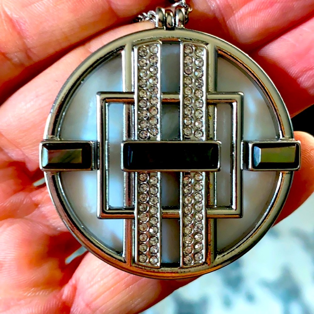 WHBM long pendant necklace silver w/ crystal, black&pearl detail.